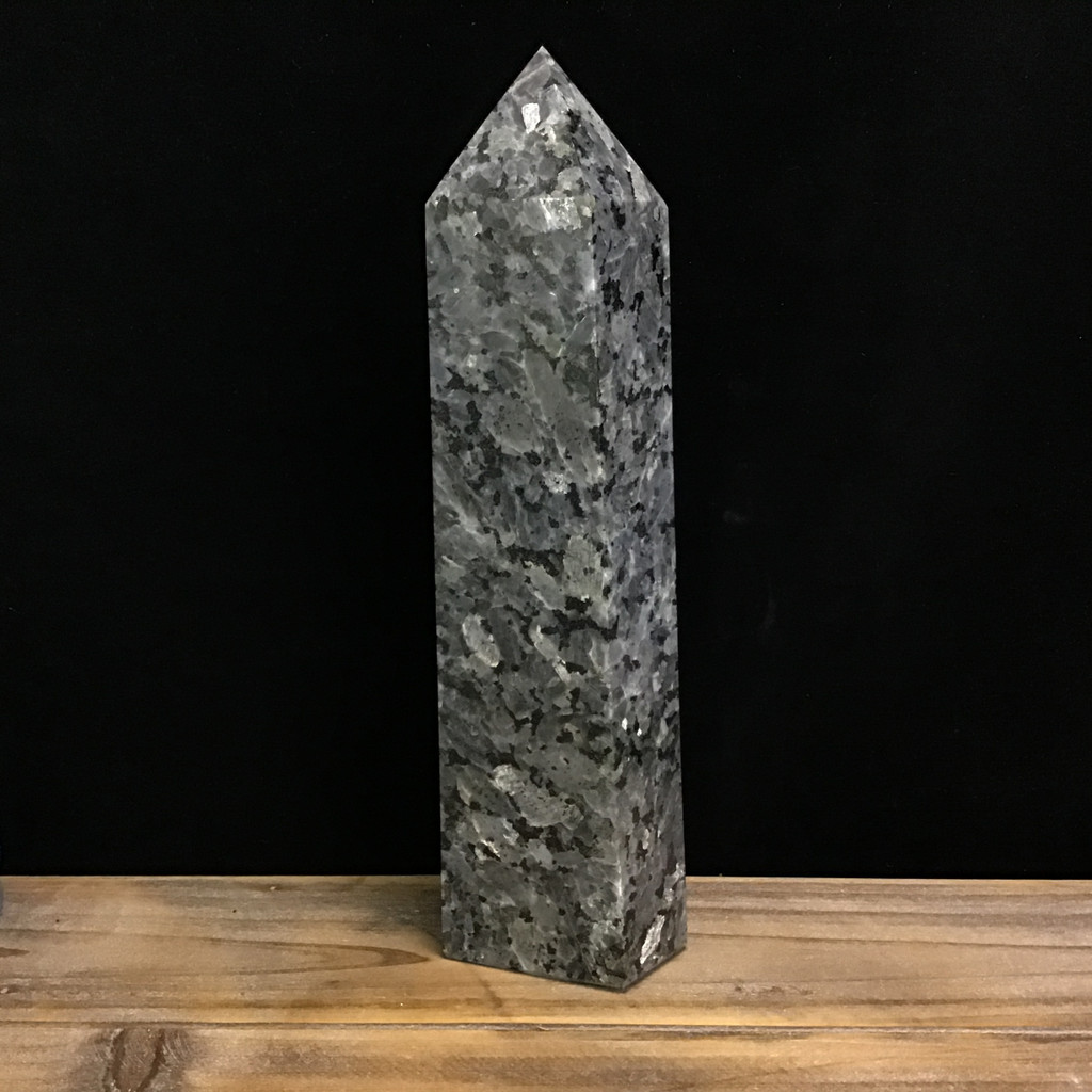 MeldedMind Larvikite Obelisk Point 12in Natural Black Crystal Blue Pearl 157