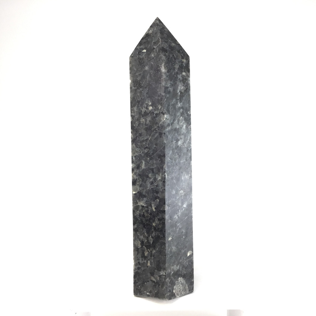 MeldedMind Larvikite Obelisk Point 12in Natural Black Crystal Blue Pearl 157