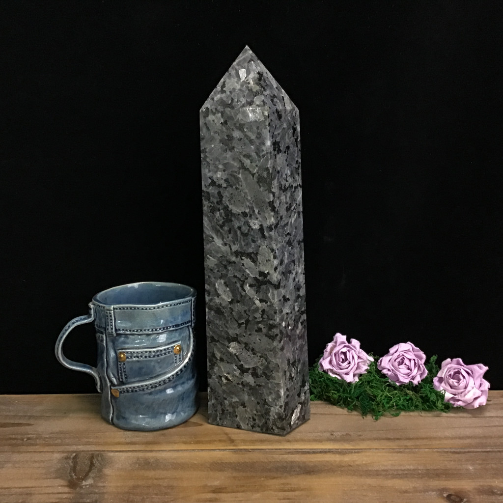 MeldedMind Larvikite Obelisk Point 12in Natural Black Crystal Blue Pearl 157