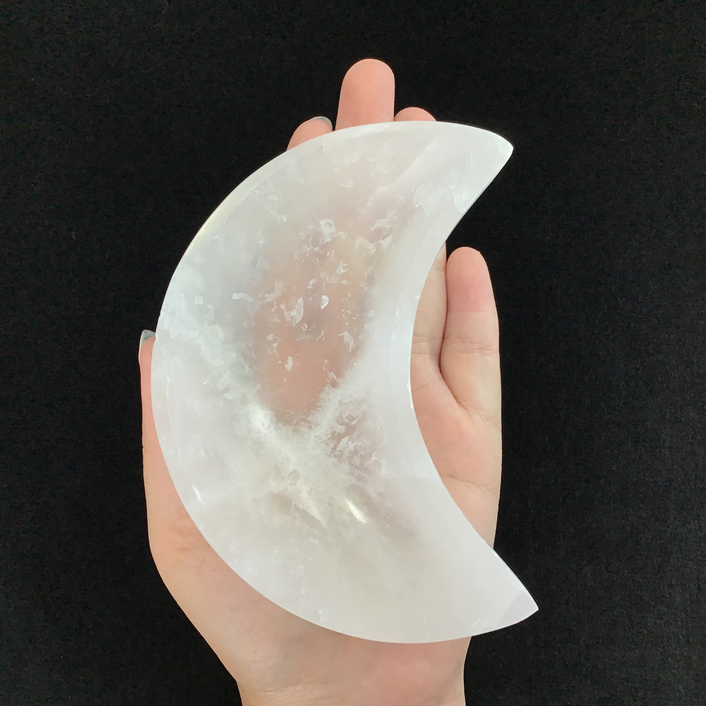 MeldedMind One (1) Satin Spar Selenite Half-Moon Bowl 4.75in White Crystal 083