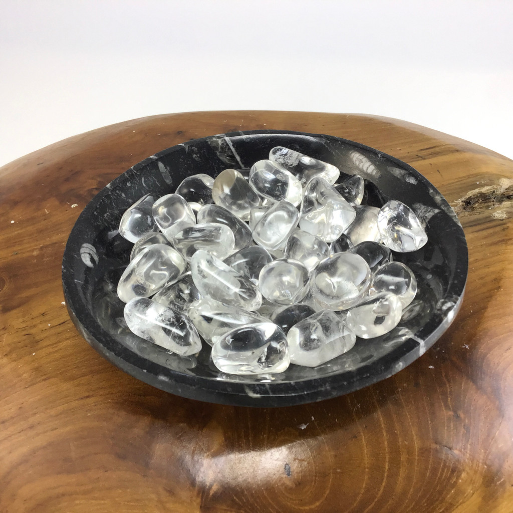 MeldedMind Orthoceras Bowl with Clear Quartz Tumbles Natural Black Stone 287