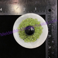 MeldedMind One (1) Peridot Chips & Obsidian Sphere in Spar Selenite Bowl 972