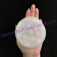 MeldedMind Satin Spar Selenite Disc with Flower of Life Carving 4in Décor 970