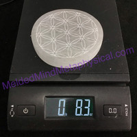 MeldedMind Satin Spar Selenite Disc with Flower of Life Carving 4in Décor 970