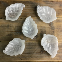 MeldedMind One (1) Satin Spar Selenite Leaf Shape Bowl 5in White Crystal 085