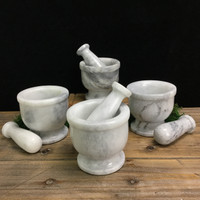 MeldedMind 4in White & Grey Marble Mortar & Pestle Herb Grinding Cook 099