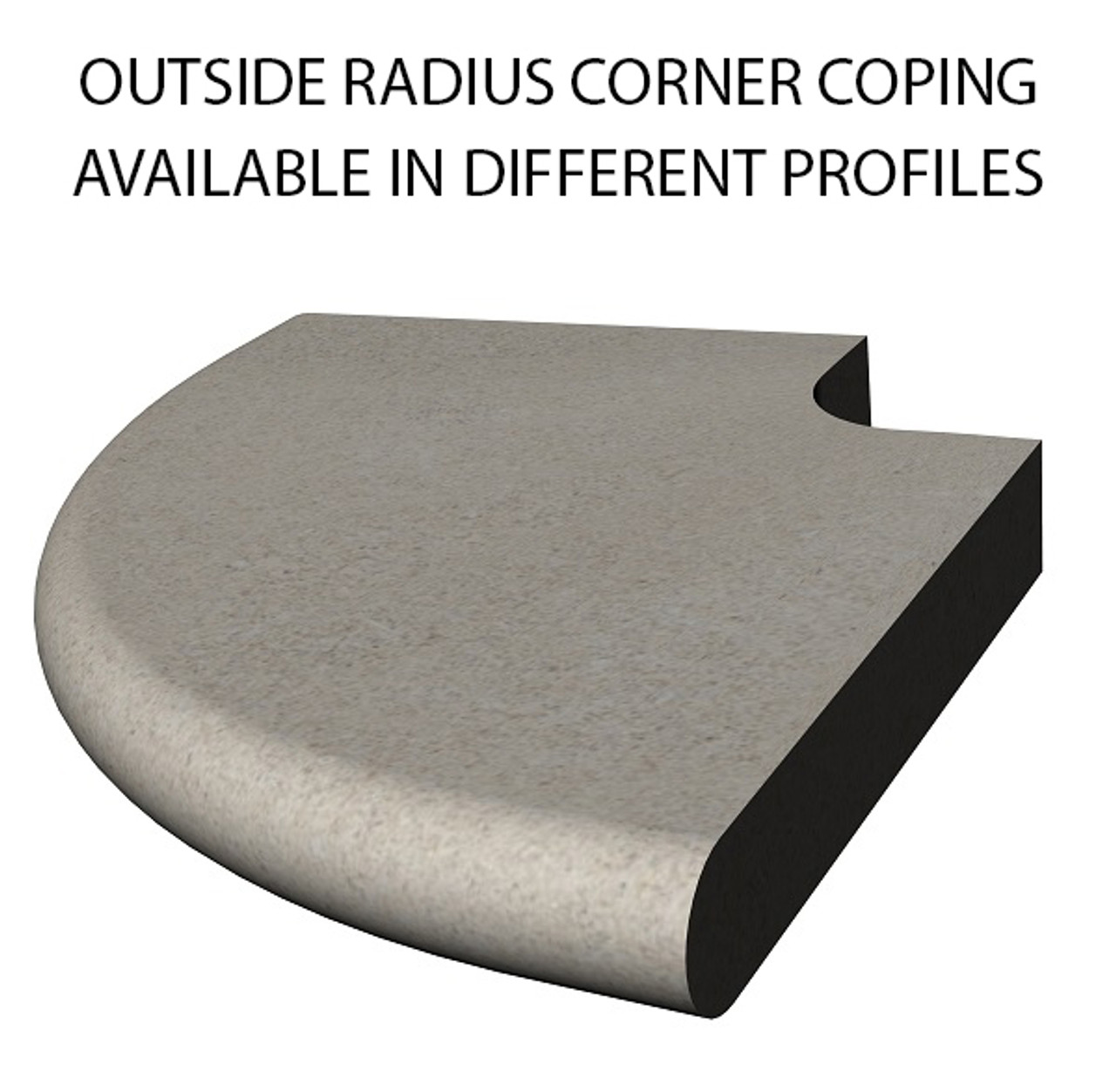 Example of limestone outside radius corner swimming pool or spa coping with bull nose edge. Available in limestone, bluestone, sandstone, granite, marble, travertine, made in USA, shipped nationwide.