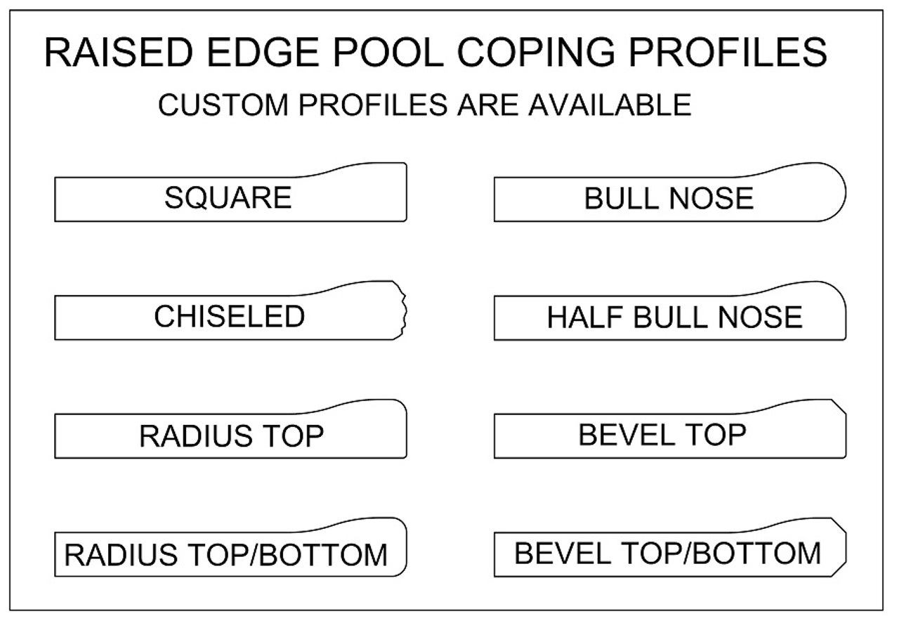 Standard swimming pool, spa or wall coping remodeling raised edge safety profiles. Available in limestone, bluestone, sandstone, granite, marble, travertine, made in USA, shipped nationwide.