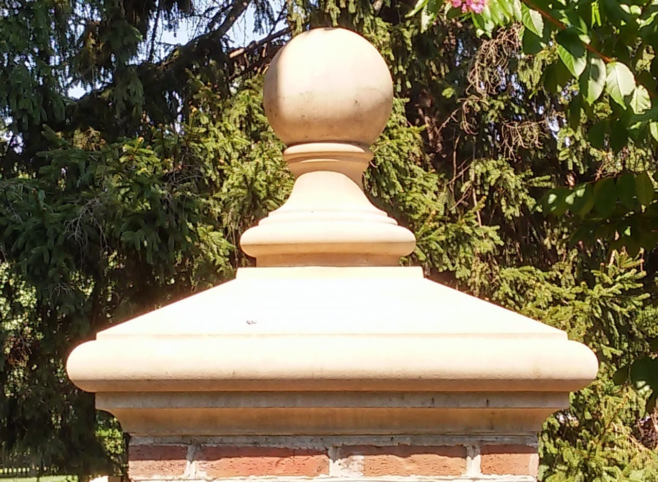 Custom pyramidal peaked pier. pillar or column cap with ball finial.
