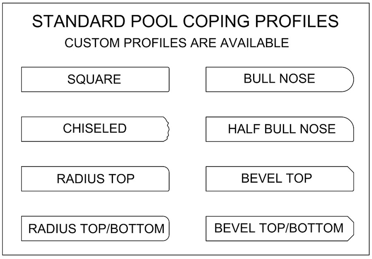 Standard swimming pool, spa or wall coping profiles. Available in limestone, bluestone, sandstone, granite, marble, travertine, made in USA, shipped nationwide.