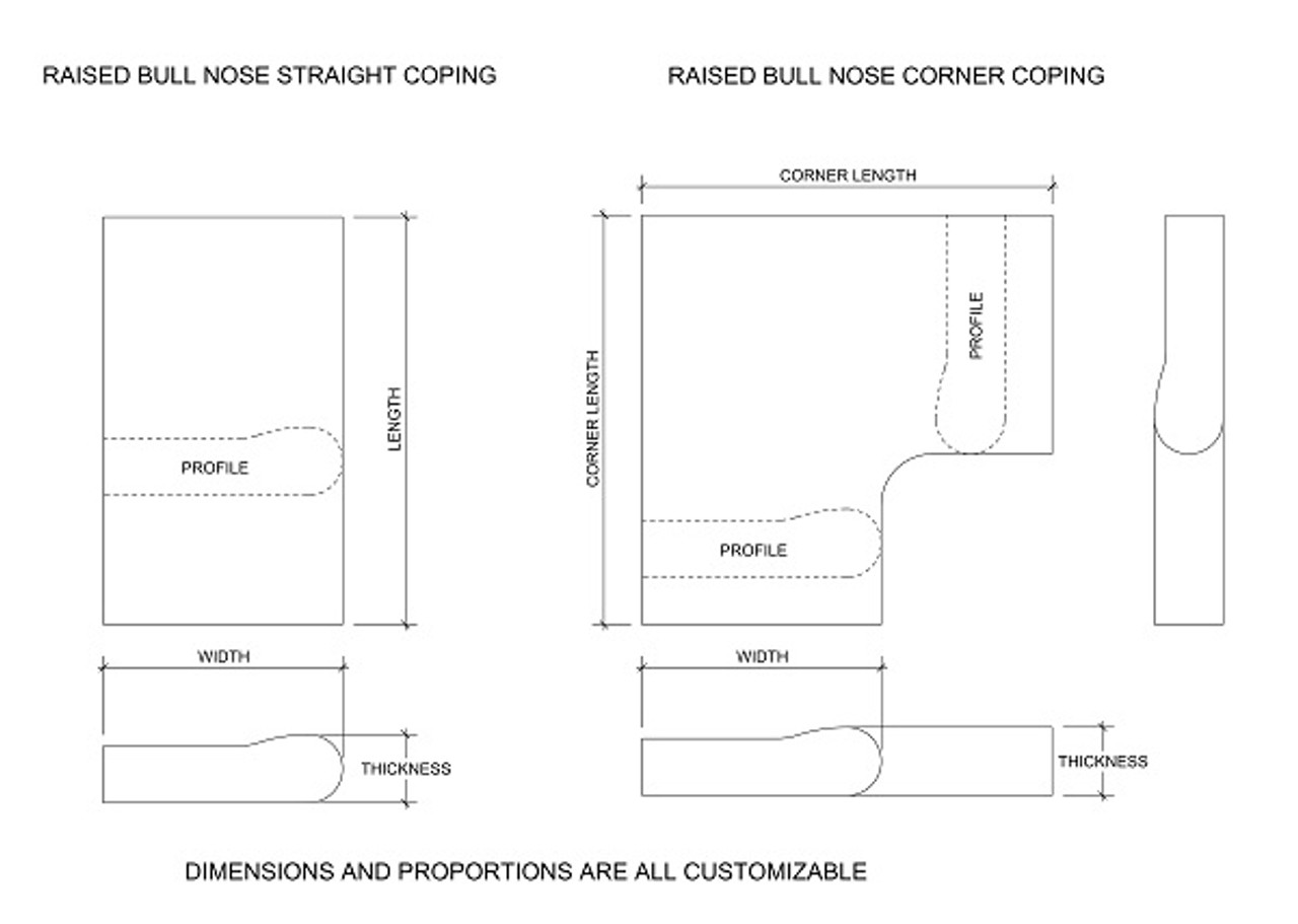 Raised bull nose straight or corner coping available in custom proportions, dimensions and various natural stone colors.