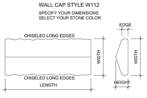Example drawing of peaked wall cap drawing with chiseled edges. Available in limestone, bluestone, sandstone, granite, marble, travertine, made in USA, shipped nationwide.