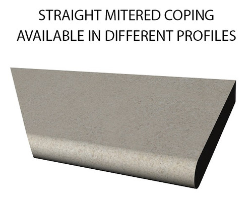 Example of limestone mitered straight swimming pool or spa coping with bull nose edge. Available in limestone, bluestone, sandstone, granite, marble, travertine, made in USA, shipped nationwide.