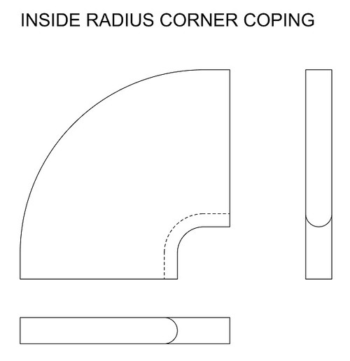 Example drawing of limestone inside radius corner swimming pool or spa coping with bull nose edge. Available in limestone, bluestone, sandstone, granite, marble, travertine, made in USA, shipped nationwide.