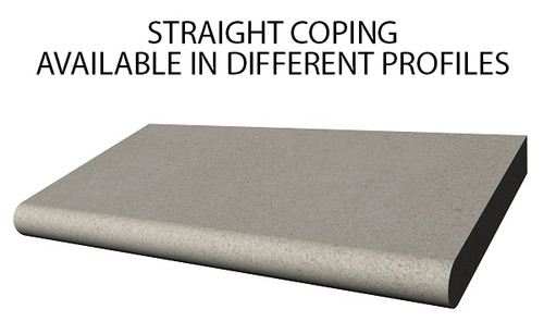 Example of limestone straight swimming pool or spa coping with bull nose edge. Available in limestone, bluestone, sandstone, granite, marble, travertine, made in USA, shipped nationwide. Straight, radius, corner, end cap. Example of limestone straight swimming pool or spa coping with bull nose edge. Available in limestone, bluestone, sandstone, granite, marble, travertine, made in USA, shipped nationwide. Straight, radius, corner, end cap.