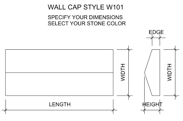 Peaked wall cap drawing with chiseled edges. Available in limestone, bluestone, sandstone, granite, marble, travertine, made in USA, shipped nationwide.