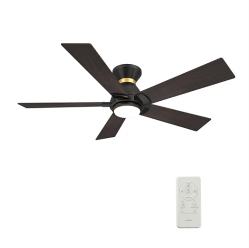 ASCENDER 52 inch 5-Blade Flush Mount Smart Ceiling Fan with LED Light & Remote Control - Black/Walnut (Gold Detail & Reversible Blades)