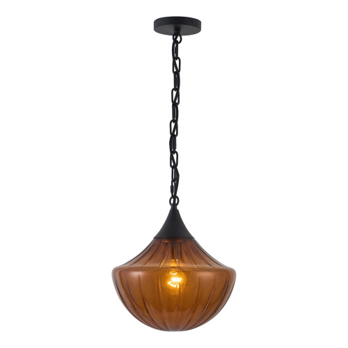 Farrah 12-in Matte Black Pendant with Ribbed Opal Glass - Matte Black/Amber