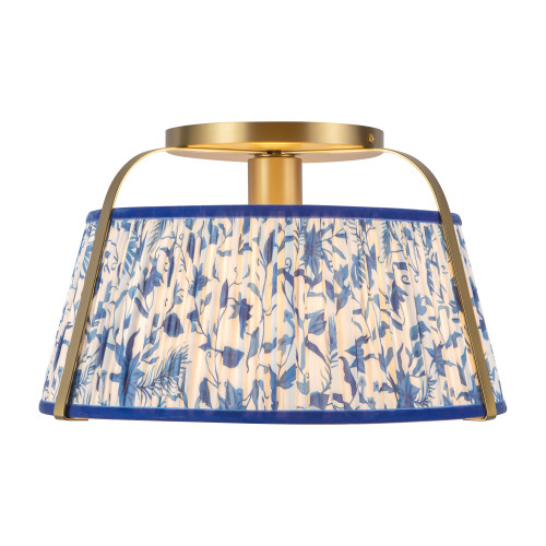Scout 13-in Matte Black Semi-Flush Mount with Pleated White Linen Shade - Brushed Gold/Blue Linen