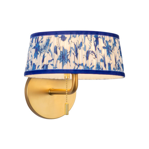 Scout 7-in Matte Black Wall/Vanity Light with Pleated White Linen Shade - Brushed Gold/Blue Linen