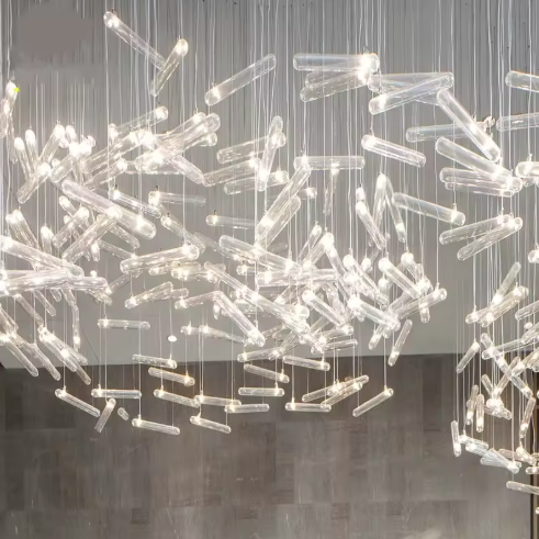 Cylinder Glass Art Chandelier Customized Lightings Modern Blown Glass Led Hanging Lamp for Hotel Lobby Club Banquet Hall