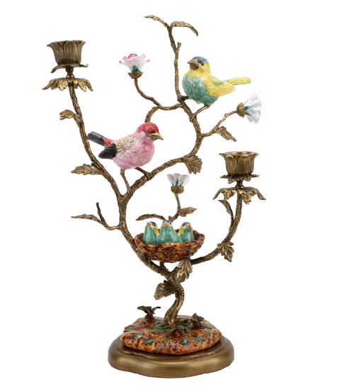 Porcelain Birds and Nest Candlestick Candle Holder with Bronze Ormolu