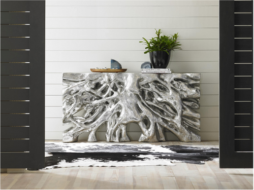 Square Root Console Table, Silver Leaf