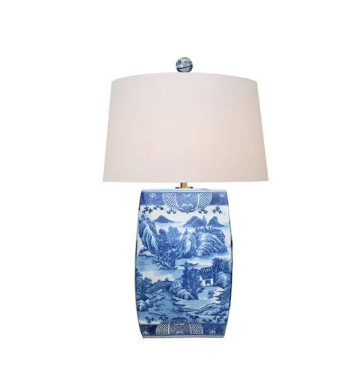 Blue and White Square Blue Willow Porcelain Table Lamp 33"