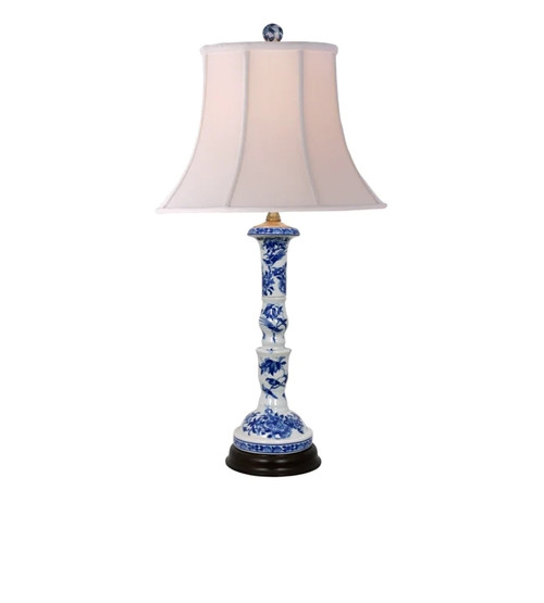 Pair Table Lamps - Porcelain Blue White Rose Canton Buffet Lamps 25" H 13" W