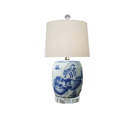 Blue & White Porcelain Canton Drum Lamp with Crystal Base