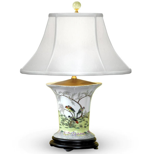 Scalloped Oval Vase Lamp With Birds in Trees