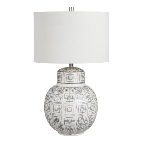 28.5"H Polished White Ceramic Table Lamp with Geometric Motif and White Linen Drum Shade