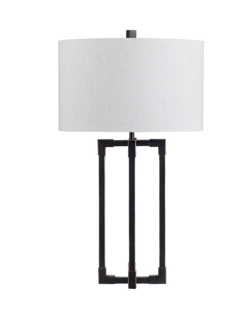 32" Bronze Textured Metal Table Lamp with Oatmeal Linen Drum Shade