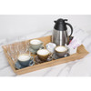 Olympia Whiteware Contemporary Ramekins 90mm together with cups and saucers, other glasses and kettle placed on a tray.
