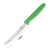 Hygiplas Serrated Tomato Knife Green 10cm with measurement.