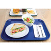 Olympia Kristallon Polypropylene Fast Food Tray Blue Large 450mm with sandwiches on table.