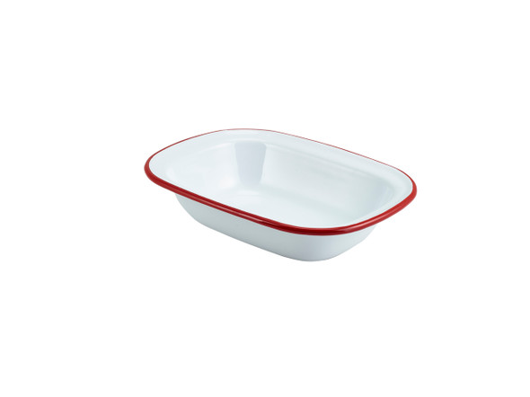 Enamel Rect. Pie Dish White with Red Rim 20cm 12 Pack
