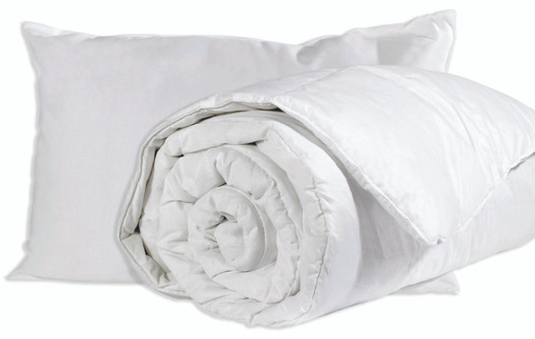 A White Pillow and White Premium Single Duvet rolled up next to each other