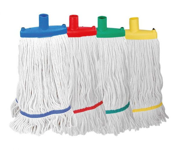 Blue Red Green and Yellow Kentucky Mop Heads next to each other
