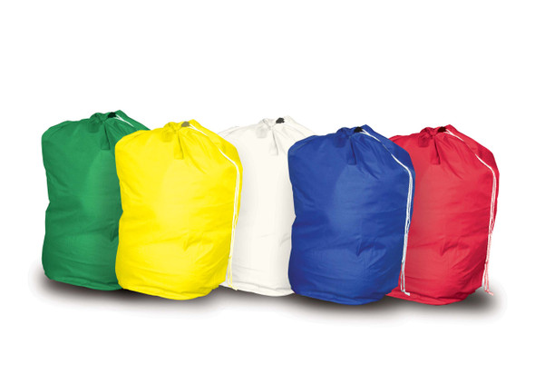 Group of Green Yellow White Blue and Red Linen Laundry Bags