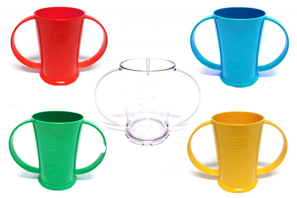 Group of Red Green White Blue and Yellow 2-Handled Beakers