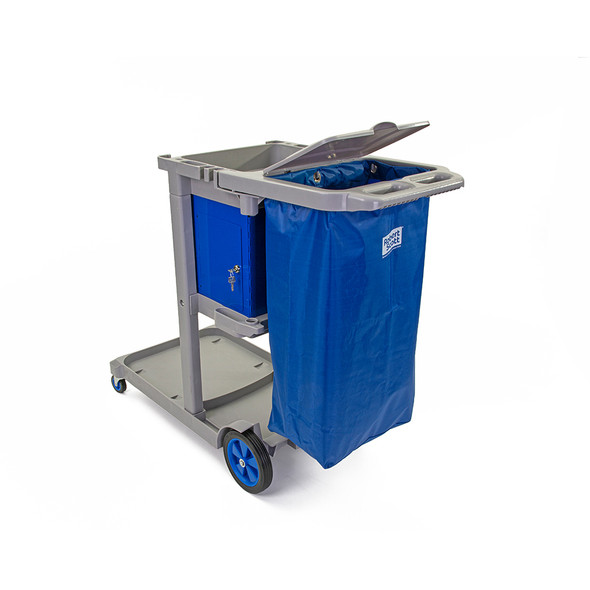 Blue Lockable Box on a Janitorial Cart.