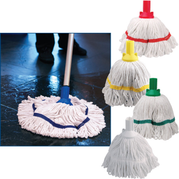 Red Yellow Green and White Mop Heads alongside a Blue Mop Head being used
