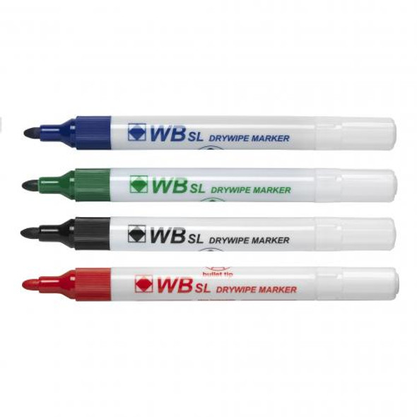 Blue Green Black and Red Drywipe Marker Pens next to each other