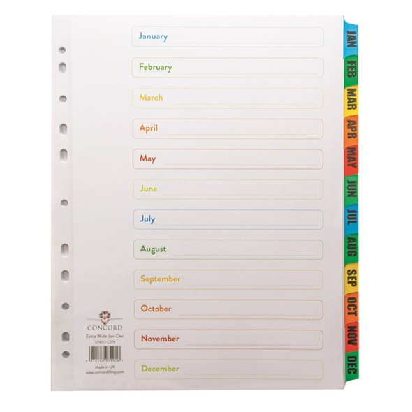 Concord Mylar Dividers A4 Extra Wide- Jan Dec Multicolour Printed Tabs Cs79