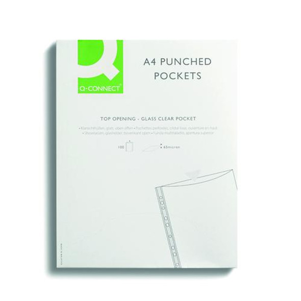 Q Connect 65 Micron Punched Pockets With Reinforced Green Strip 100 Pack