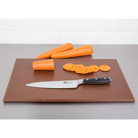 High density Chopping Board Brown colour with knife and chopped carrots.