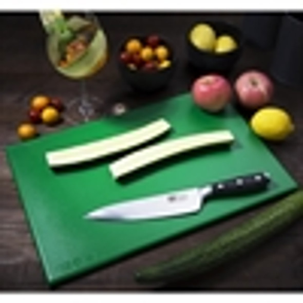 Full shot of High Density Chopping Board Green colour with slice spices and knife.