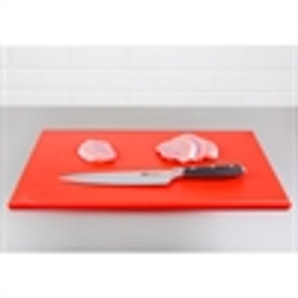 Full shot of High Density Chopping Board Red Colour with knife and slice spices.