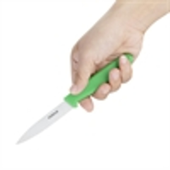 A hand holding Hygiplass Paring Knife Green colour 3 inch.